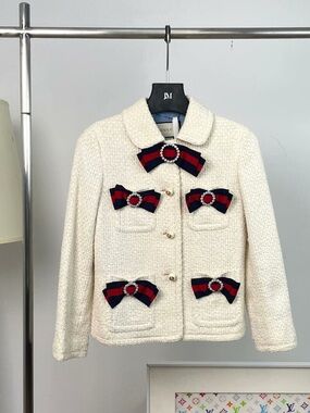 Authentic Gucci Cream Tweed Jacket with Navy & Red Bow Accents